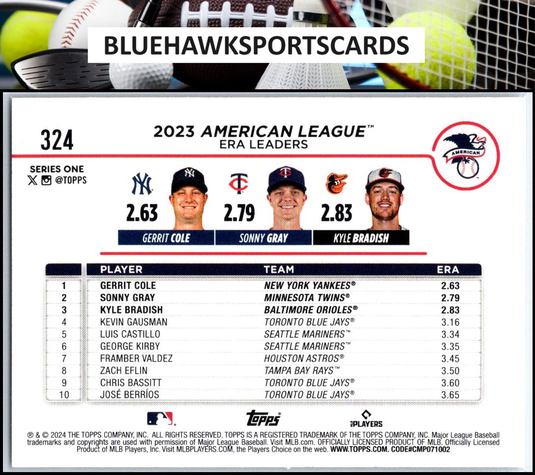 2024 Topps #324 American League Leaders ERA (Gerrit Cole / Sonny Gray / Kyle Bradish)