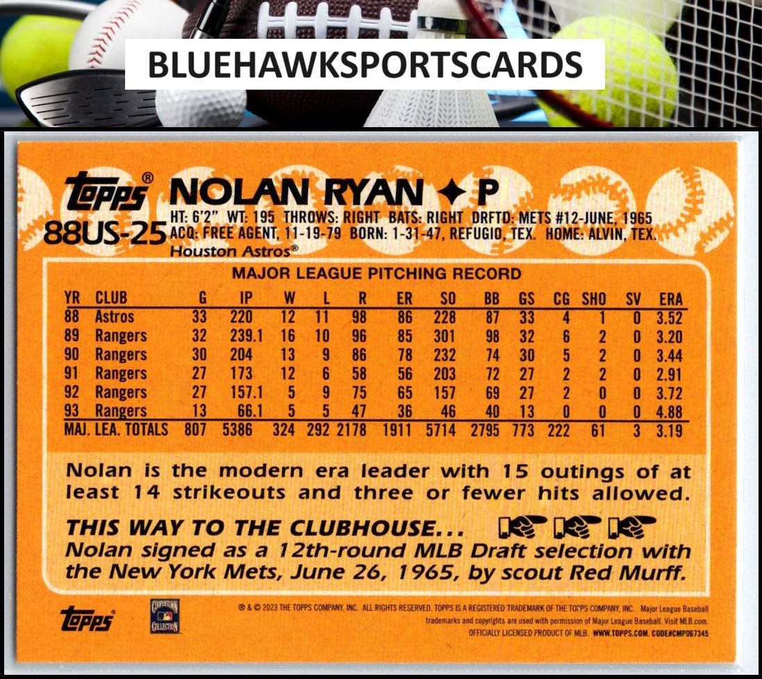 2023 Topps Update #88US-25 Nolan Ryan 1988 Topps Baseball 35th Anniversary