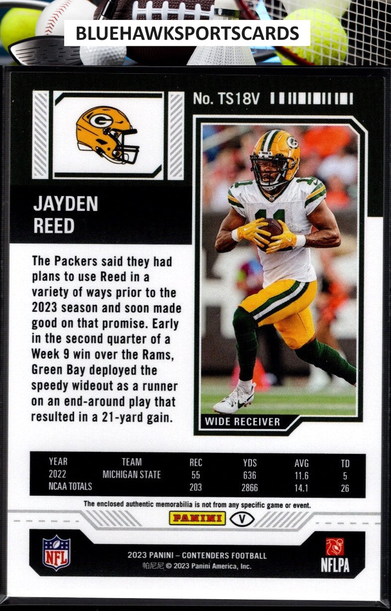 2023 Panini Contenders #TS18V Jayden Reed Rookie Ticket Swatches Variations