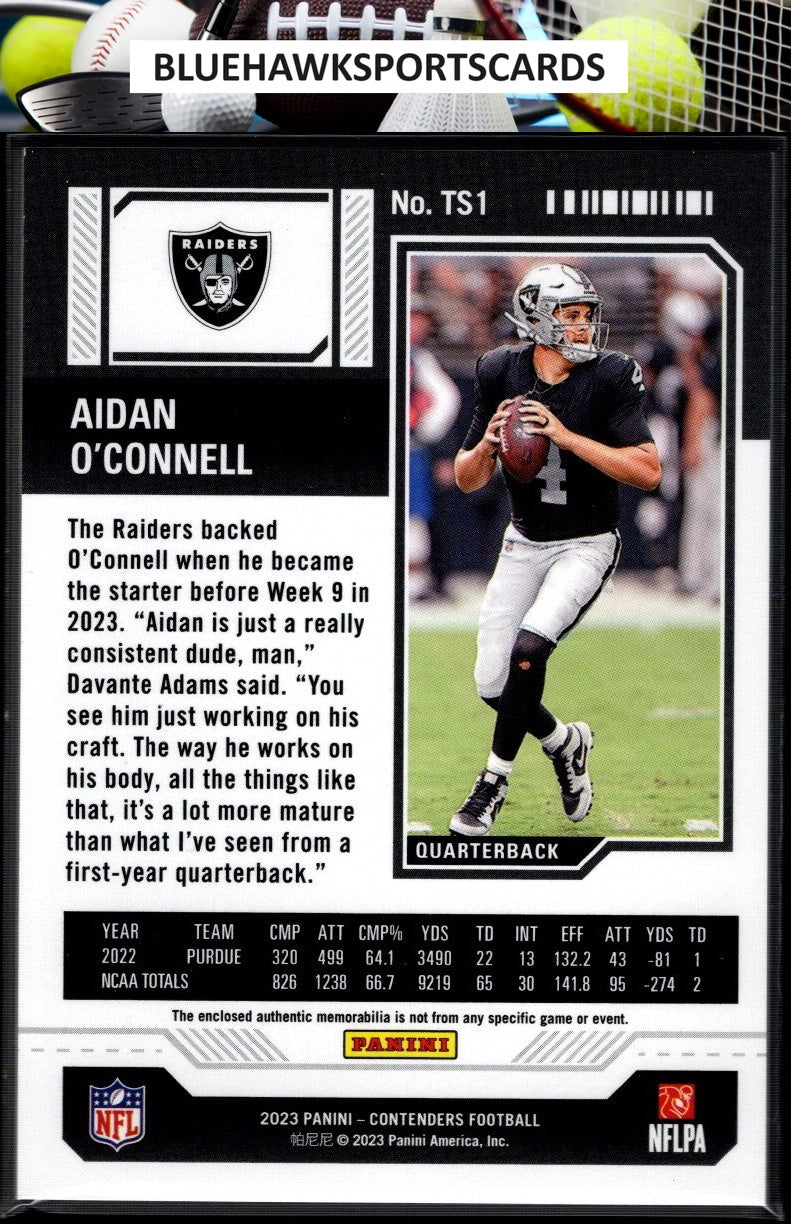 2023 Panini Contenders #TS1 Aidan O'Connell Rookie Ticket Swatches