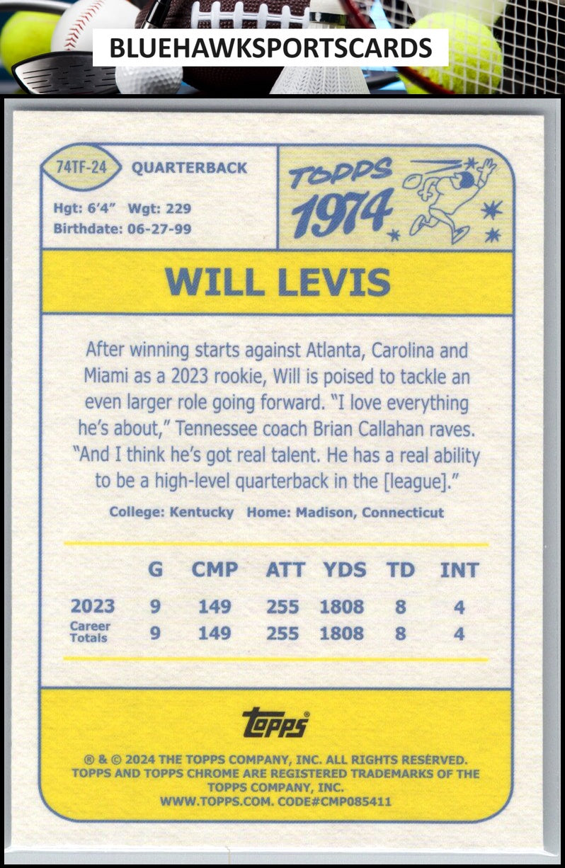 2024 Topps Chrome #74TF-24 Will Levis 1974 Topps Football