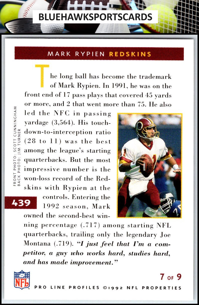 1992 Pro Line Profiles #439 Mark Rypien