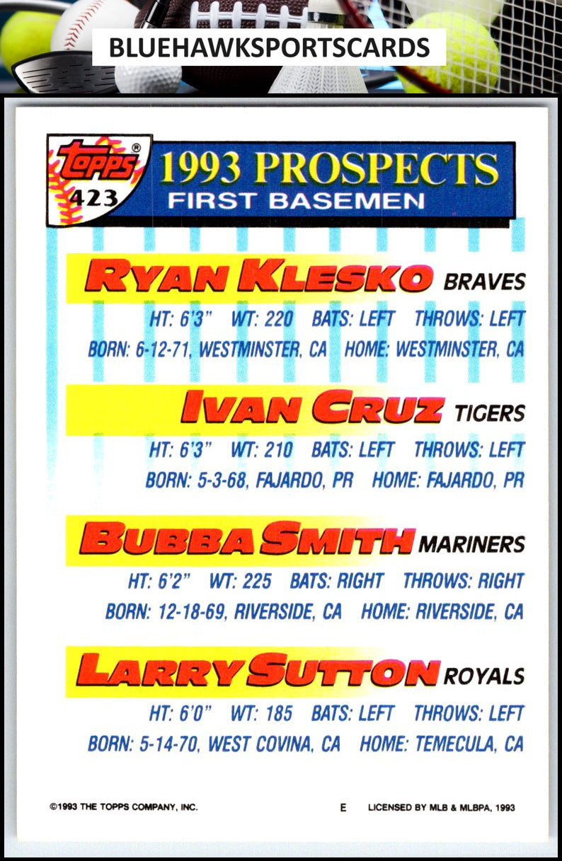 1993 Topps #423 Ryan Klesko / Ivan Cruz / Bubba Smith / Larry Sutton TP, RC