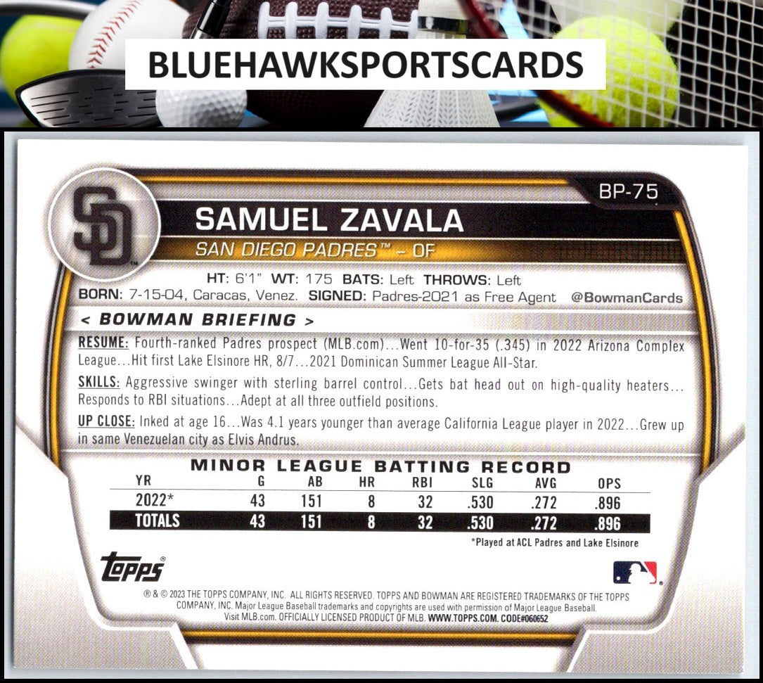 2023 Bowman #BP-75 Samuel Zavala Prospects