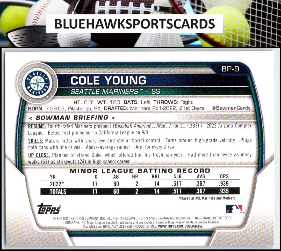 2023 Bowman #BP-9 Cole Young Prospects