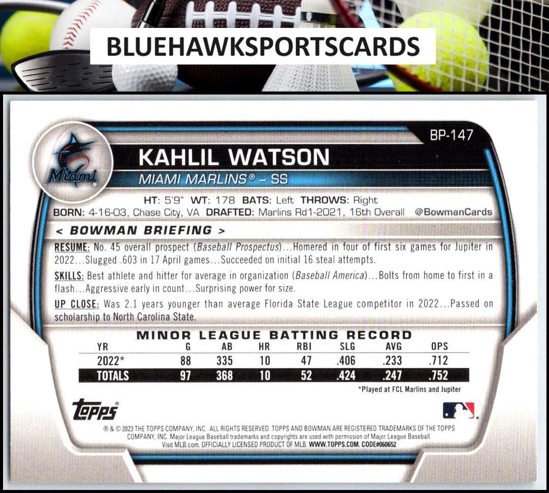 2023 Bowman #BP-147 Kahlil Watson Prospects