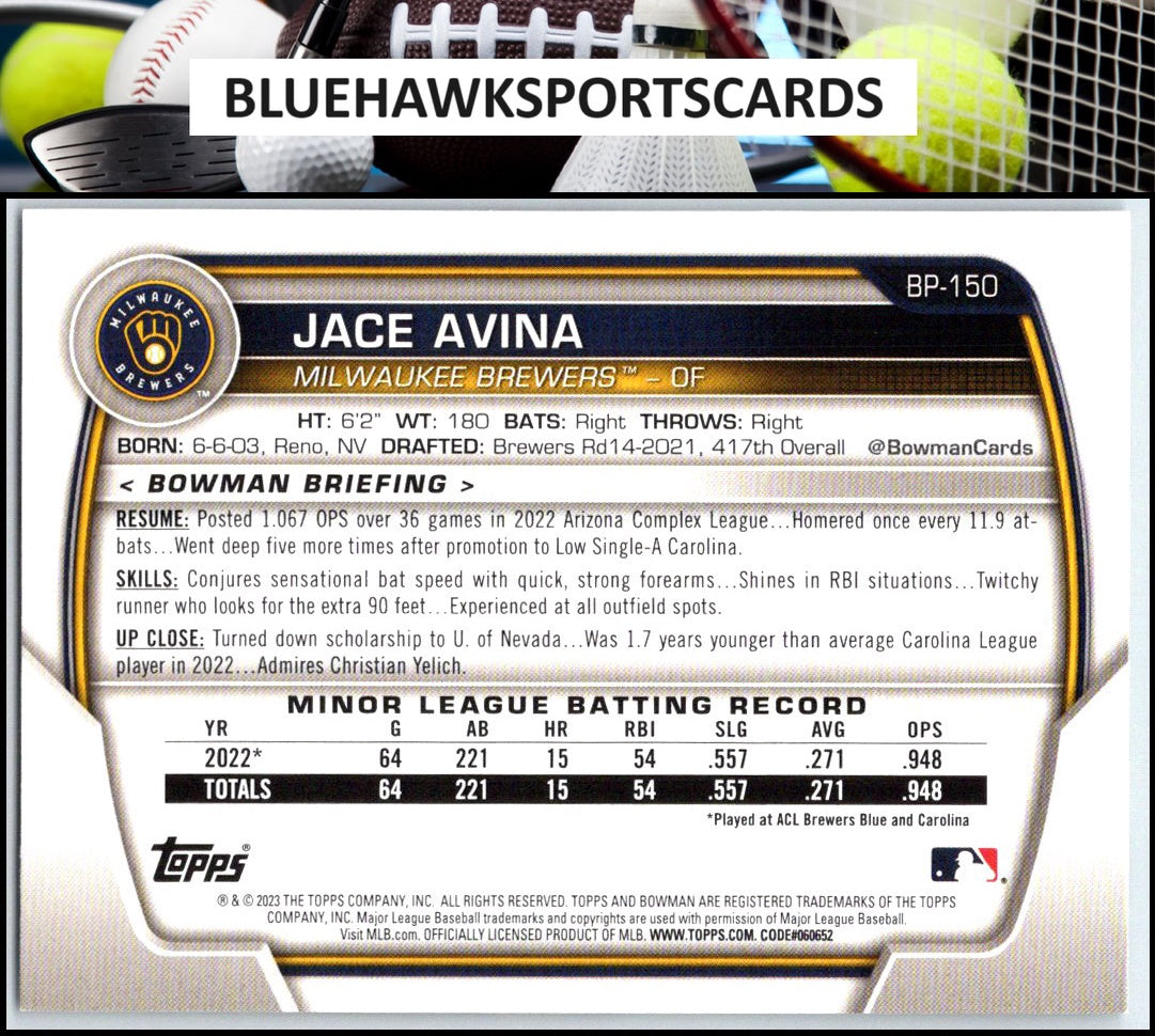2023 Bowman #BP-150 Jace Avina Prospects