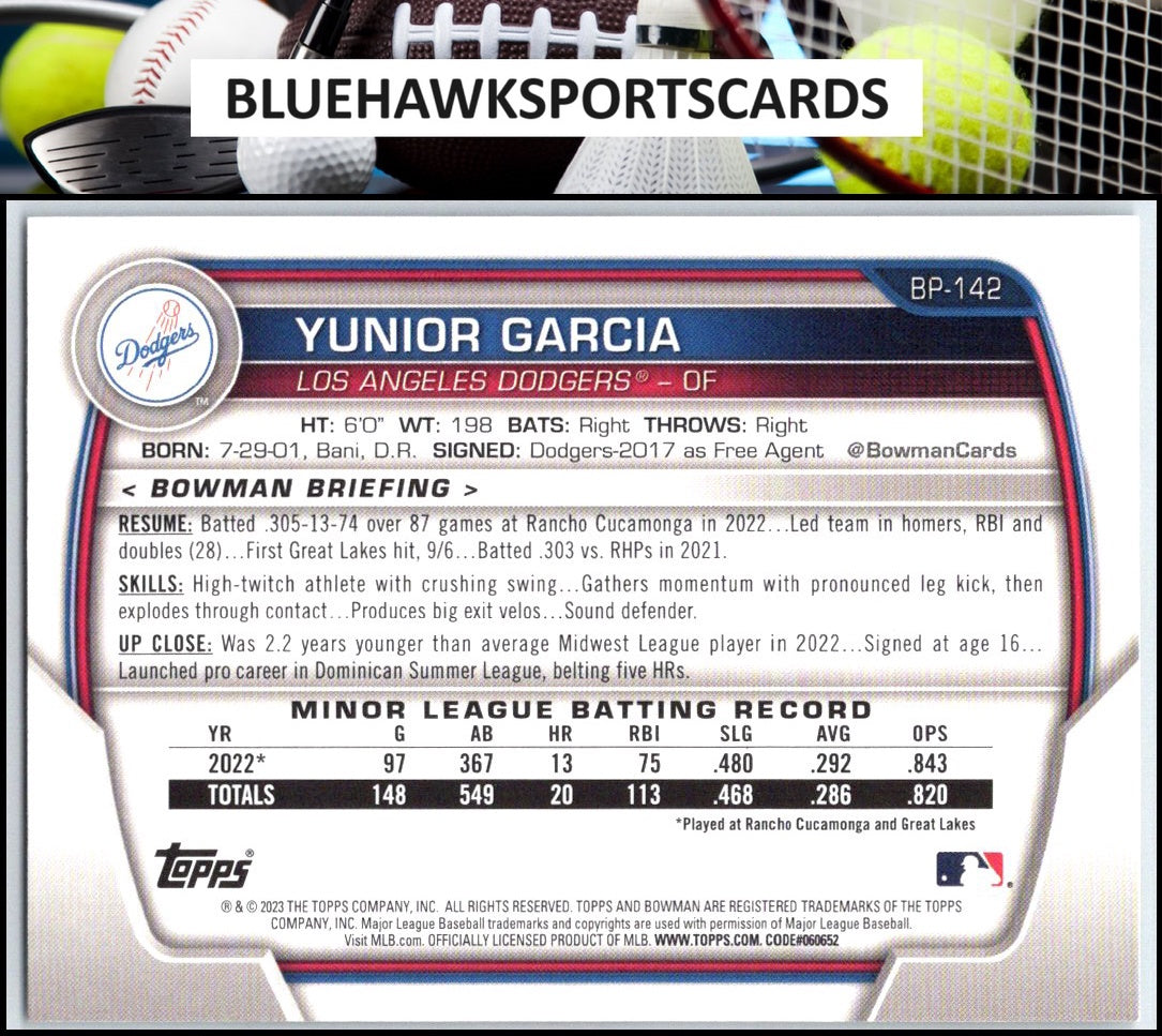 2023 Bowman #BP-142 Yunior Garcia Prospects