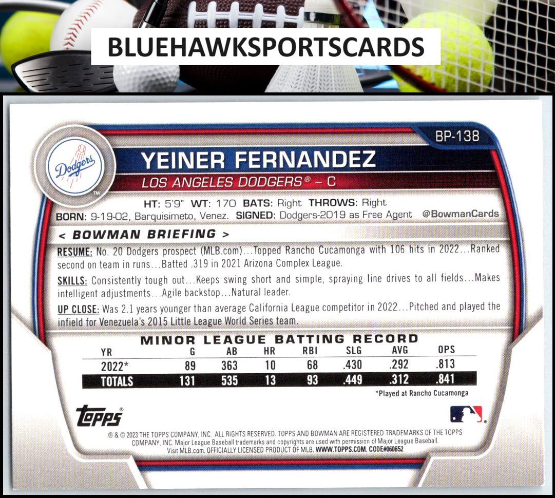 2023 Bowman #BP-138 Yeiner Fernandez Prospects