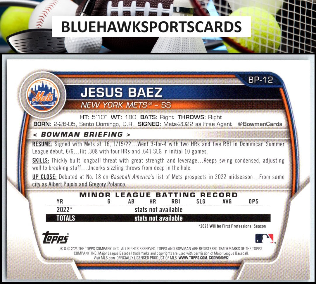 2023 Bowman #BP-12 Jesus Baez Prospects