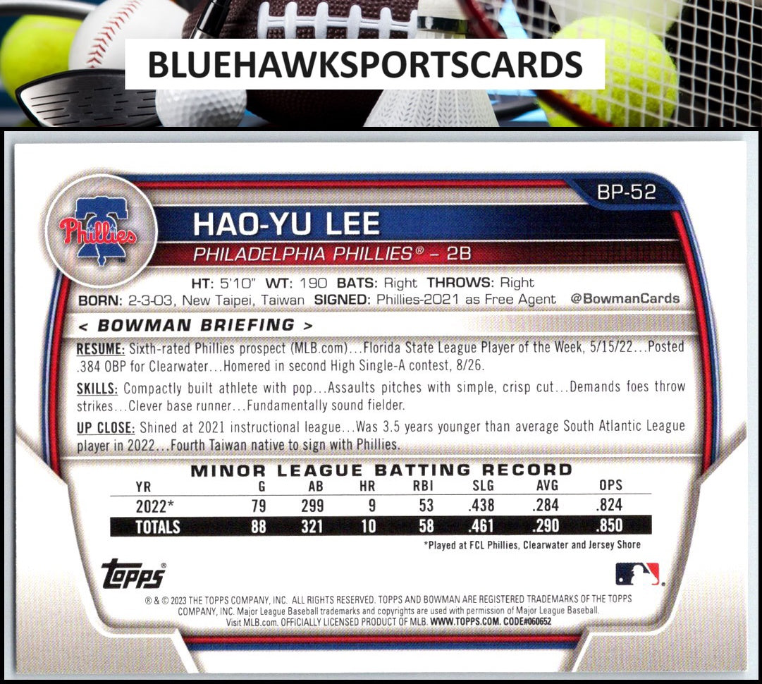 2023 Bowman #BP-52 Hao-Yu Lee Prospects