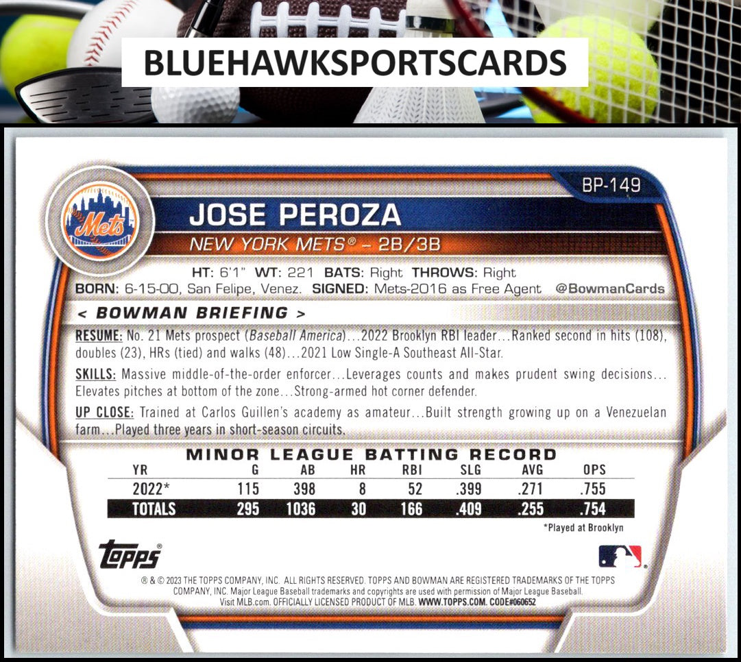 2023 Bowman #BP-149 Jose Peroza Prospects