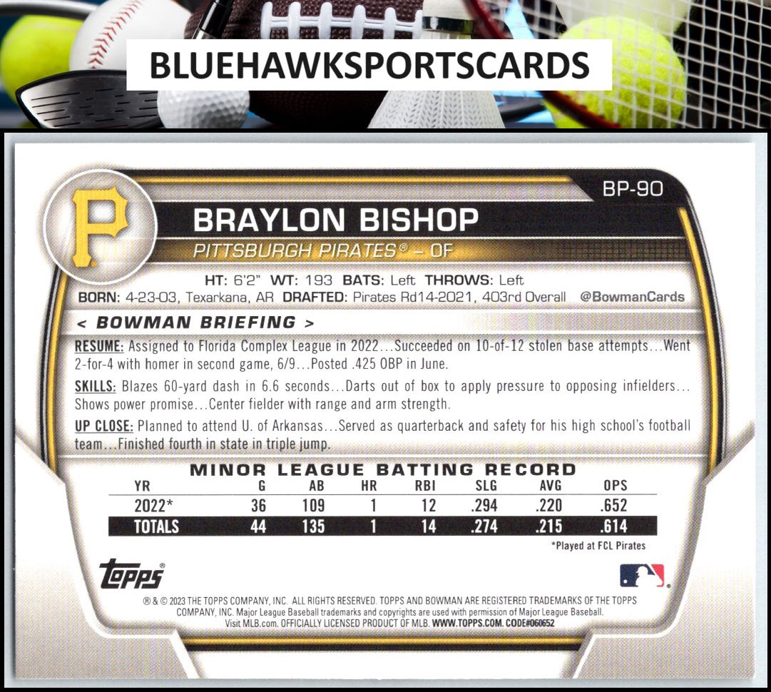 2023 Bowman #BP-90 Braylon Bishop Prospects