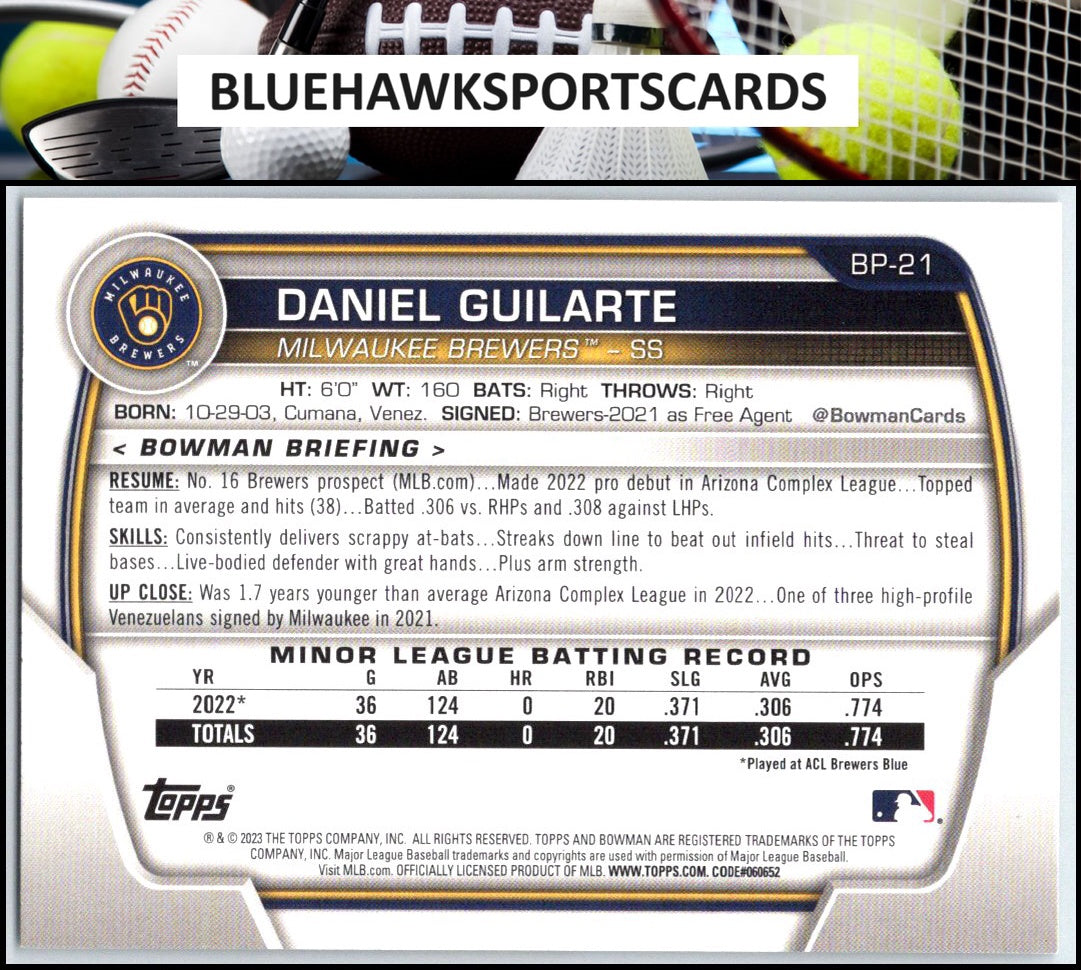 2023 Bowman #BP-21 Daniel Guilarte Prospects