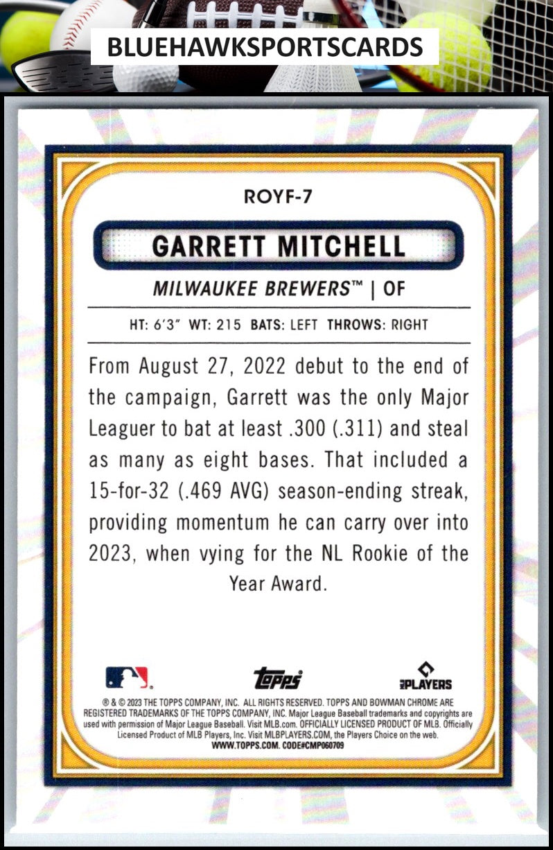 2023 Bowman #ROYF-7 Garrett Mitchell Rookie of the Year Favorites