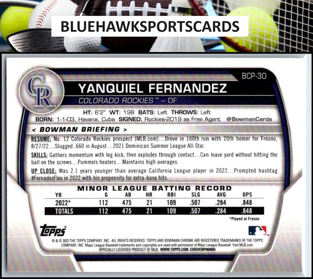 2023 Bowman #BCP-30 Yanquiel Fernandez Chrome Prospects