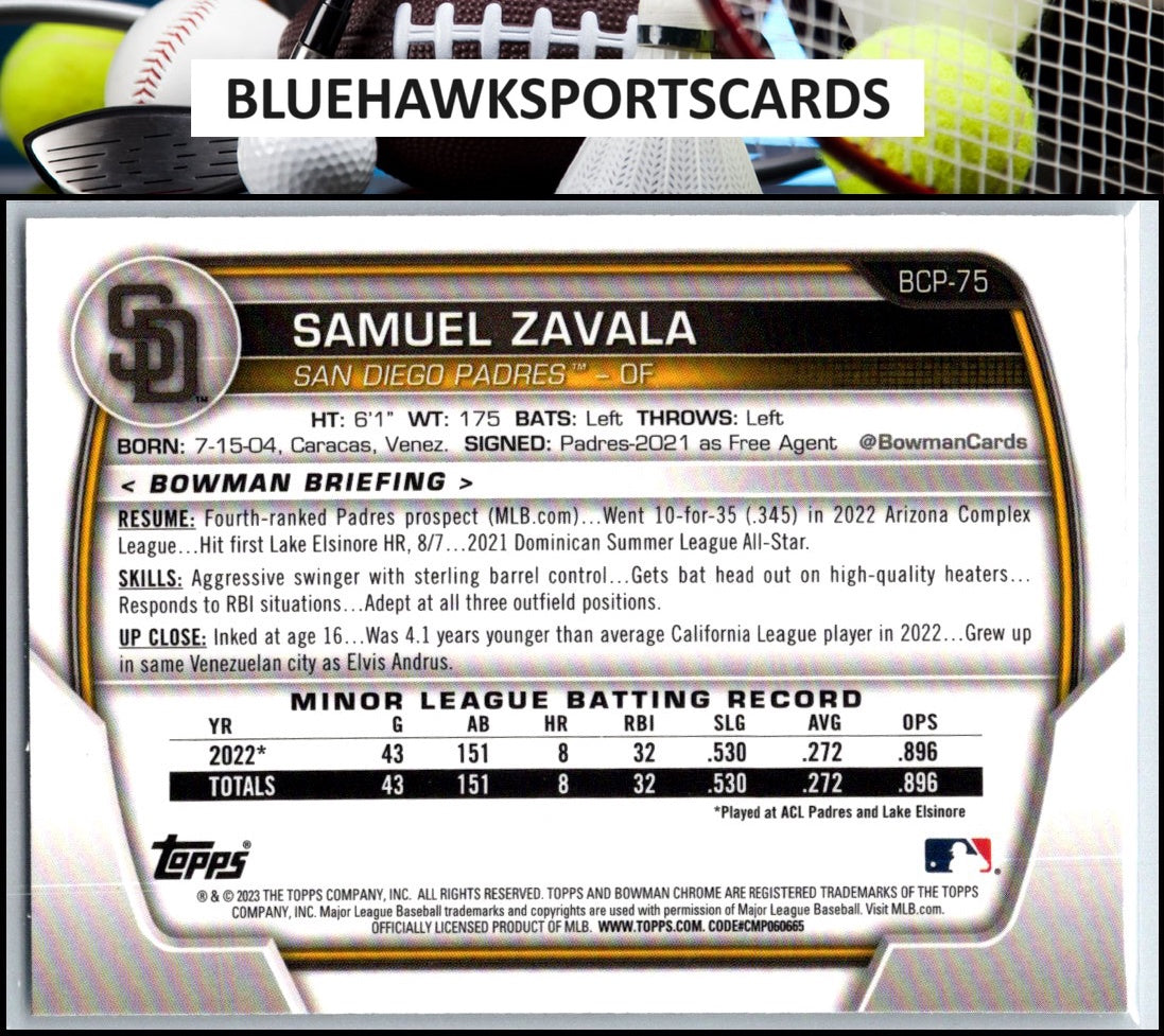 2023 Bowman #BCP-75 Samuel Zavala Chrome Prospects