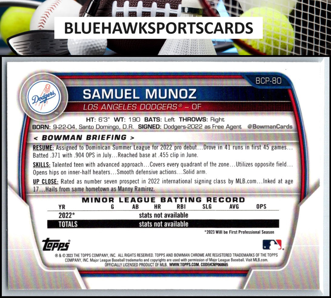 2023 Bowman #BCP-80 Samuel Munoz Chrome Prospects