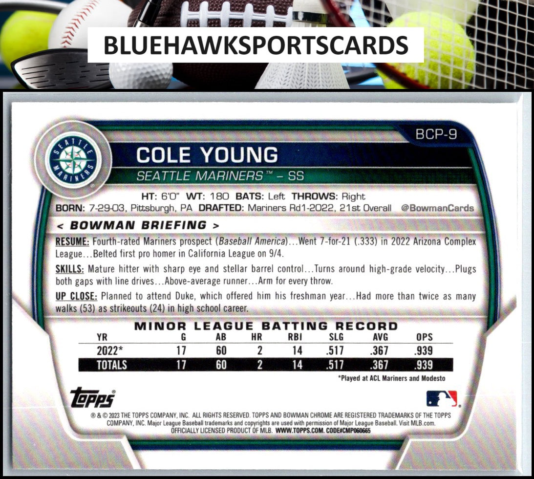 2023 Bowman #BCP-9 Cole Young Chrome Prospects