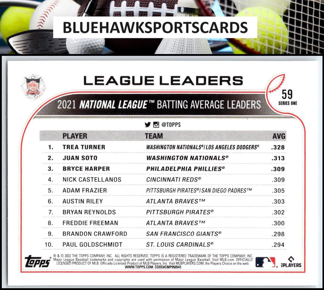 2022 Topps #59 NL Batting Average Leaders (Trea Turner / Juan Soto / Bryce ) LL