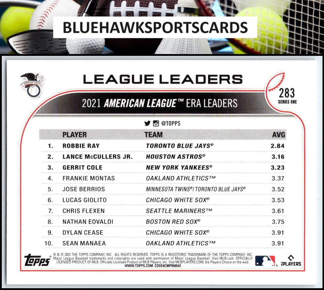 2022 Topps #283 AL ERA Leaders (Robbie Ray / Lance Jr. / Gerrit Cole) LL, UER
