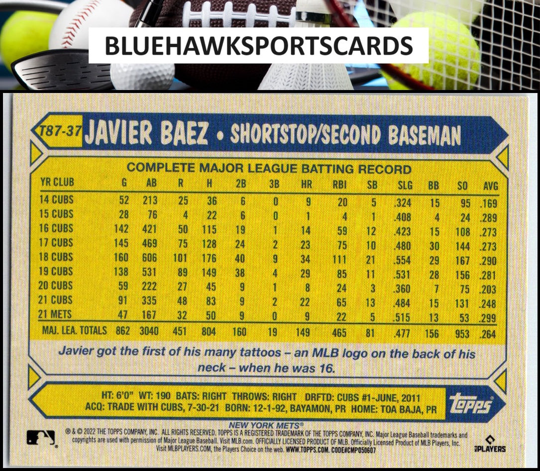 2022 Topps #T87-37 Javier Baez 1987 Topps Baseball 35th Anniversary (Series One)