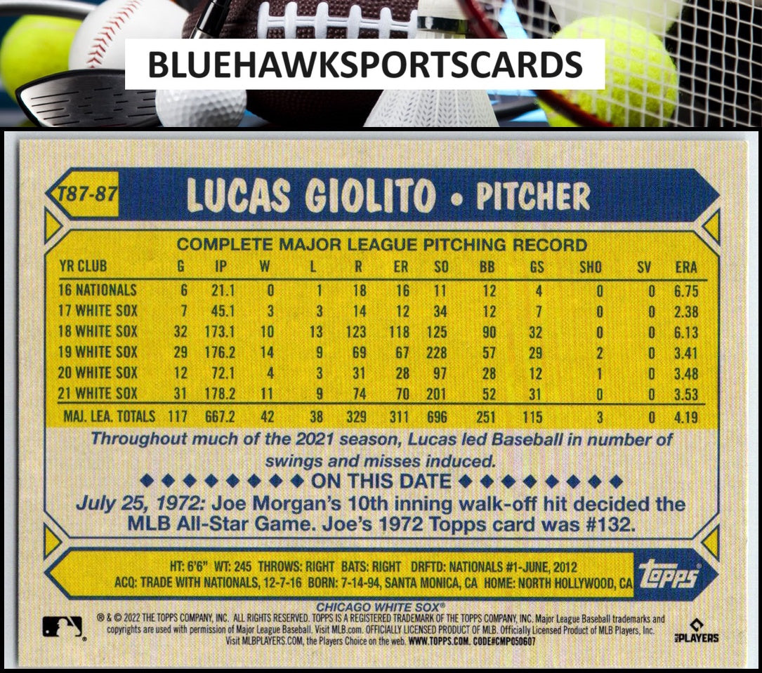 2022 Topps #T87-87 Lucas Giolito 1987 Baseball 35th Anniversary (Series One)