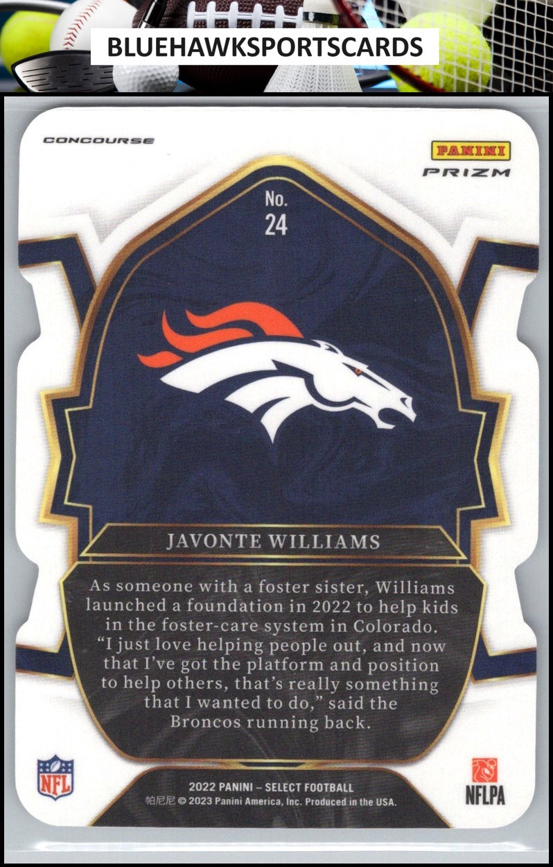 2022 Panini Select #24 Javonte Williams Black and Green Prizm Die Cut