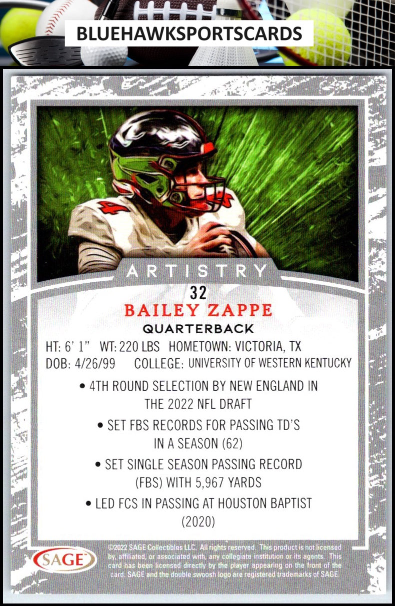 2022 SAGE Artistry #32 Bailey Zappe