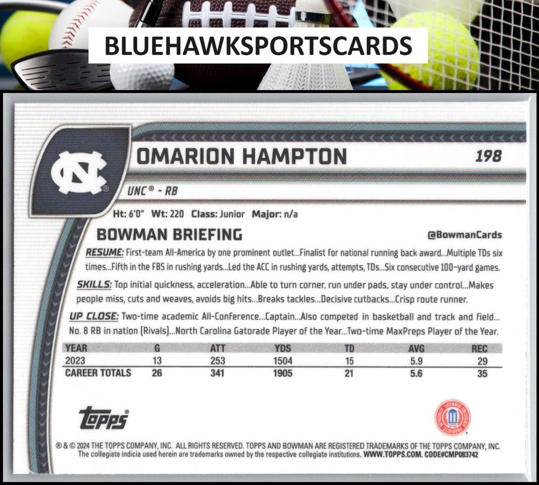 2024 Bowman University Chrome #198 Omarion Hampton