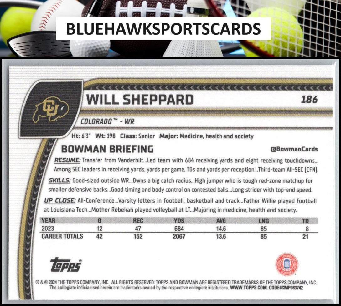 2024 Bowman University Chrome #186 Will Sheppard