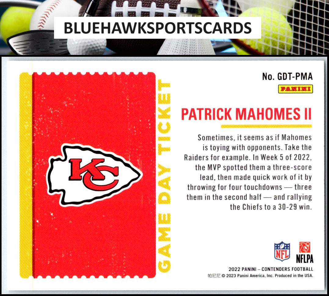2022 Panini Contenders #GDT-PMA Patrick Mahomes II Game Day Ticket