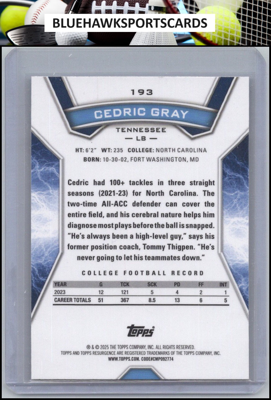 2024 Topps Resurgence #193 Cedric Gray Blue & Orange Spark