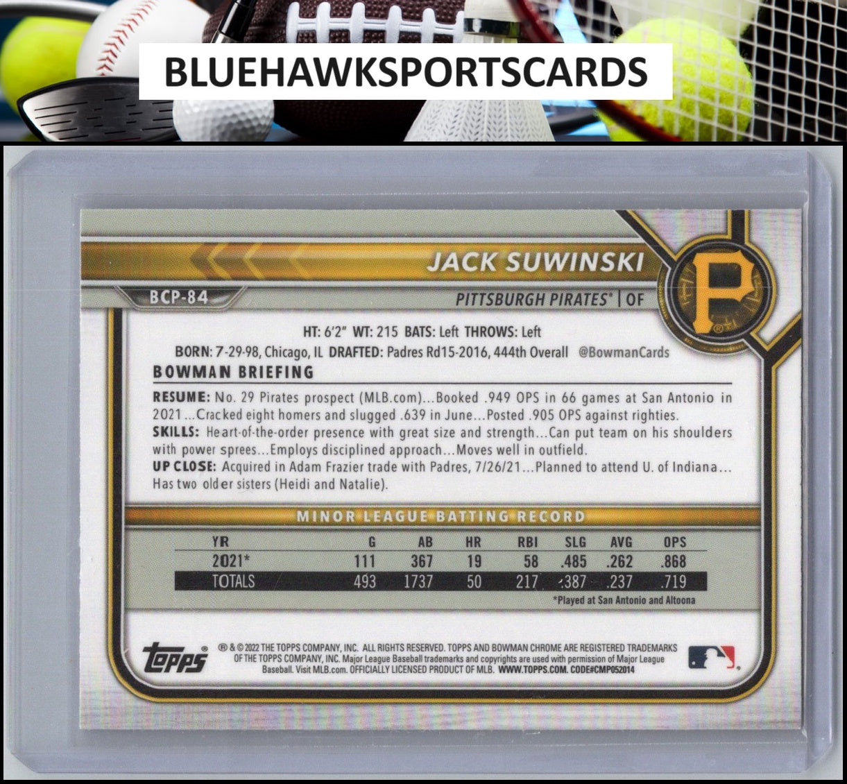 2022 Bowman #BCP-84 Jack Suwinski Chrome Prospects Mojo Refractors