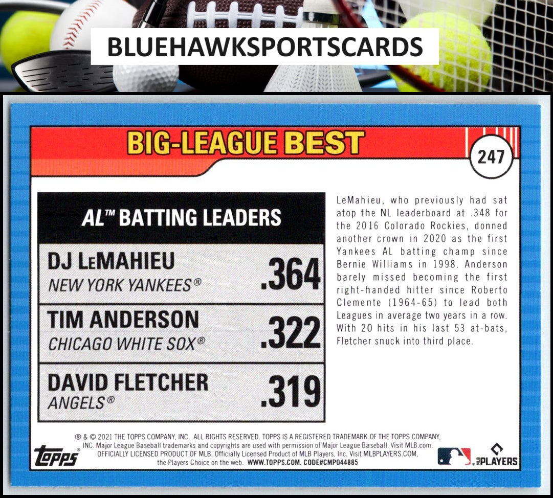 2021 Topps Big League #247 AL Leaders (LeMahieu / Anderson / Fletcher) LL