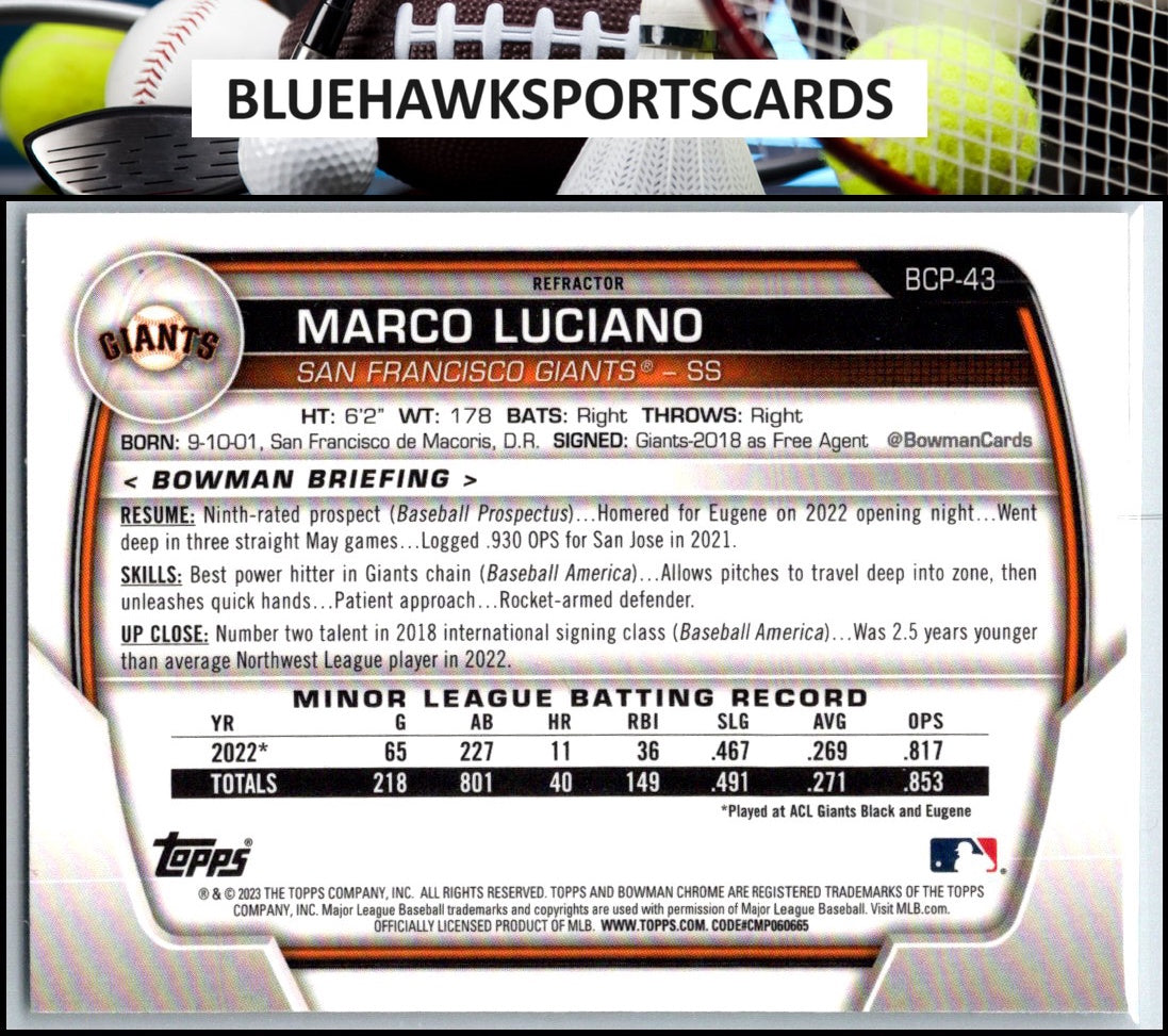 2023 Bowman #BCP-43 Marco Luciano Chrome Prospects Lunar Glow Refractors