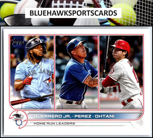 2022 Topps #48 AL HR Leaders (Vladimir Jr. / Salvador Perez / Shohei ) LL, UER