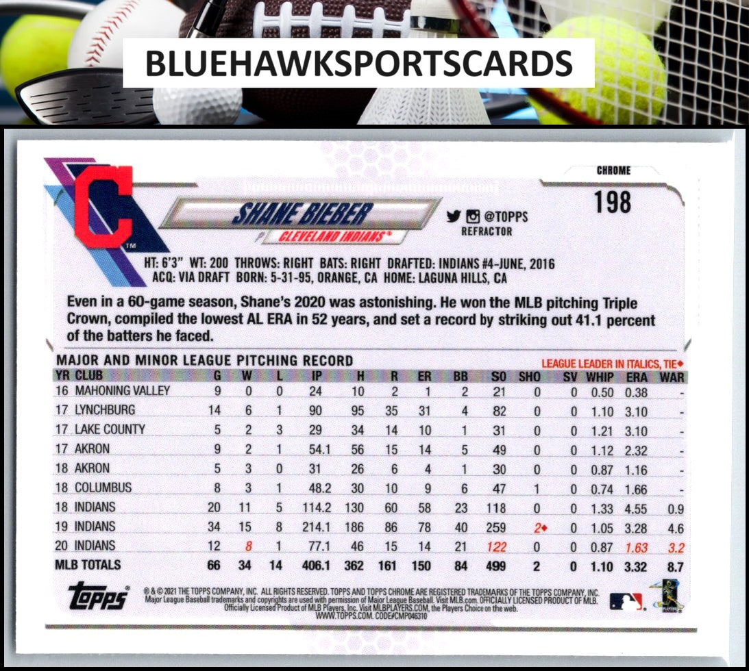 2021 Topps Chrome #198 Shane Bieber Sepia Refractor